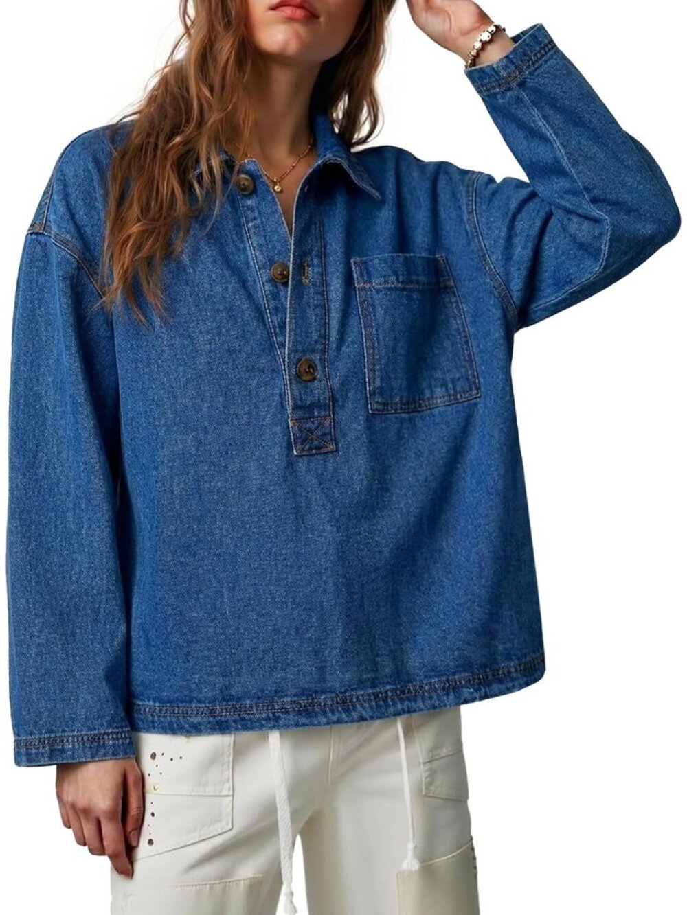 Women’s Navy Denim Long Sleeve Button Up V Neck Jean Shirt Top Blouses